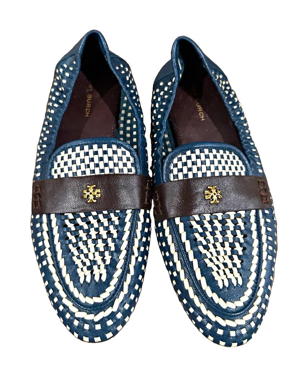 Tory Burch Woven Leather Slip On Loafer Flats Blue White Logo Womens US 6.5